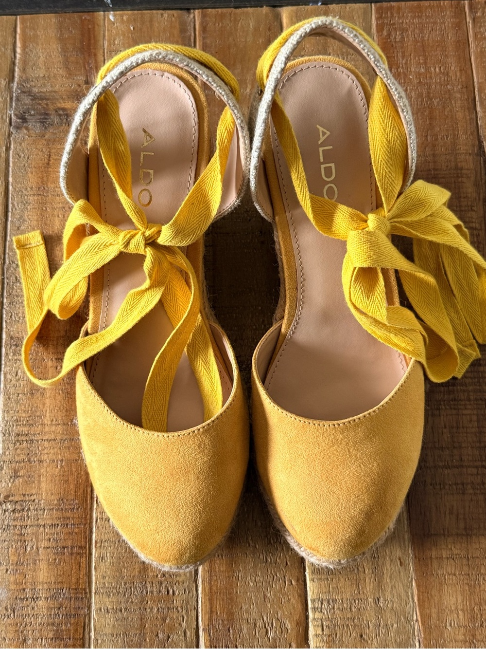 Aldo Mustard Yellow Espadrille Wedge Sandals with Wrap Tie - Picture 8 of 9